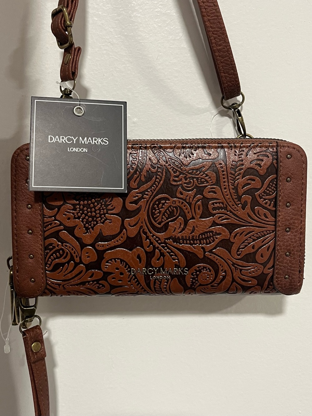 Darcy Marks Brown Tooled Vegan Leather Western Crossbody Wallet Bag